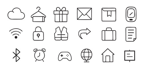 Fototapeta premium Set of various black outline icons including home, settings, search, chat, phone, camera, heart, location, bell, cloud, globe, email, star, lock, and more for UI, apps, and web design.