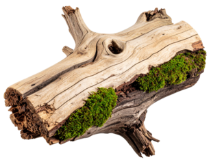 Large Split Driftwood Log with Cracks and Moss Patches, Diagonal Placement, Transparent Background
