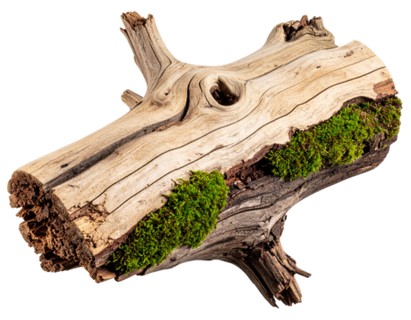 Large Split Driftwood Log with Cracks and Moss Patches, Diagonal Placement, Transparent Background