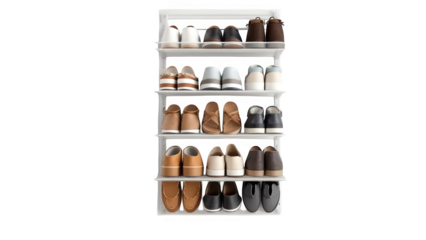 White shoe rack filled with footwear, isolated on white background
