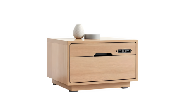 Modern bedside table with charging ports, isolated on white background