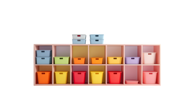 Colorful toy storage unit, isolated on white background