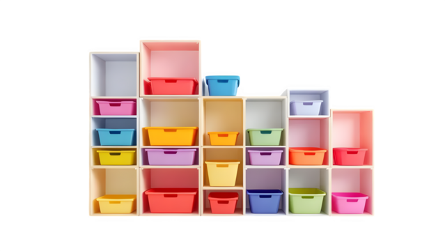Colorful toy storage cubbies with bins, isolated on white background