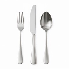 High‑resolution stainless steel cutlery trio fork, knife, spoon mockup for hospitality gear, kitchenware retail, and restaurant design presentation

