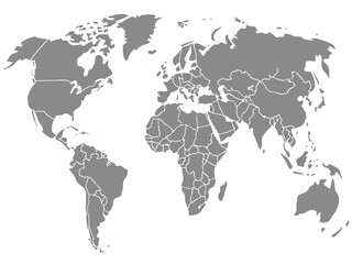 Fototapeta premium A gray world map with country borders displayed on a white background showing all continents visible clearly | editable eps vectors silhouette