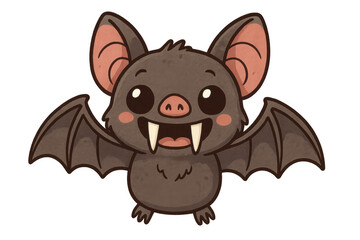 Naklejka premium Cartoon bat spreading wings, grinning with fangs, hovering against transparent backdrop, ideal for spooky seasonal designs