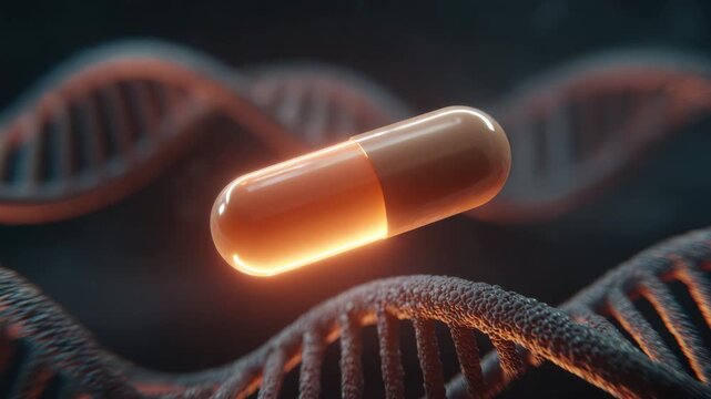 Pharmacogenomics precision medicine capsule glowing DNA strand background advanced healthcare futuristic design enhancing