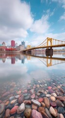 Naklejka premium Authentic National Pennsylvania Day Downtown Pittsburgh Twilight with Roberto Clemente Bridge Reflection for Premium Fall Marketing and Black Friday Campaigns