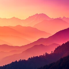 Obraz premium A breathtaking view of layered mountains at sunset. The sky is painted in shades of pink and orange, creating a serene atmosphere.