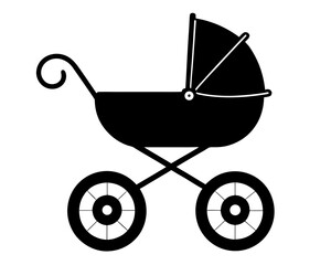 black vector Classic baby stroller silhouette design on white background, vintage style pram icon for newborns and infants, baby transport outline