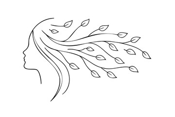 Hand drawn profile silhouette a woman with flowing hair leaves head face