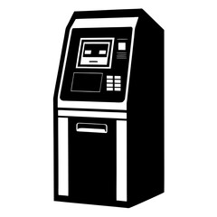 black vector Automated Teller Machine silhouette, depicts a digital banking kiosk for financial transactions and secure cash access in black and white