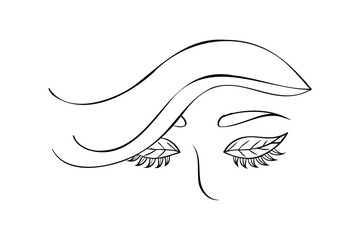 Handdrawn continuous line drawing a closed eye with eyelashes flowing hair abstract