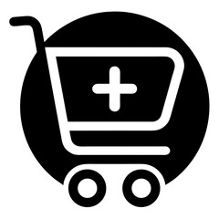 black vector Shopping cart silhouette with plus sign inside a circle, conceptual design for online pharmacy or health products purchase and store