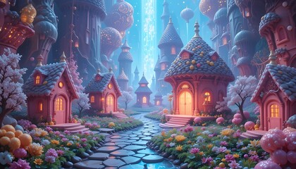 "AI-generated candy utopia where citizens live in digital chocolate chip homes and teleport through jelly portals."
