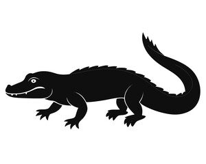black vector Distinct alligator silhouette, capturing a reptile's powerful stride and formidable presence against a plain white background