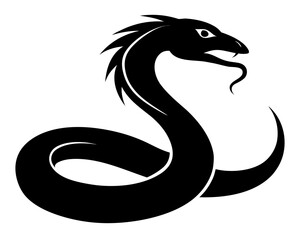 black vector Elegant and stylized snake silhouette with open mouth and forked tongue, a striking and iconic serpent design on a white background