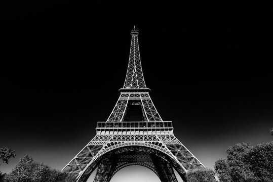 Eiffel Tower with sunny blue sky in Paris, France (black & white) - Powered by Adobe