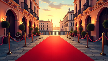 Fototapeta premium Elegant Red Carpet Leading to European Architecture at Sunset, a Classic Urban Landscape