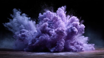 A dramatic eruption of purple smoke fills the dark space, creating a mesmerizing cloud. The dynamic burst captures attention with its vivid colors and swirling patterns.