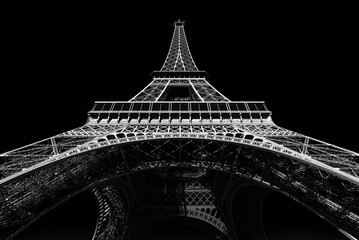 Eiffel Tower with sunny blue sky in Paris, France (black & white)