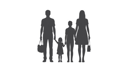 Silhouette of a Family of Four Holding Hands, Parents with Children, Grey Tones