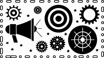 A collection of gears targets megaphone and stars arranged in a pattern with a decorative border design | editable eps vectors silhouette
