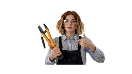 Confident Female Technician Giving Thumbs Up While Holding Cable Crimping Tool