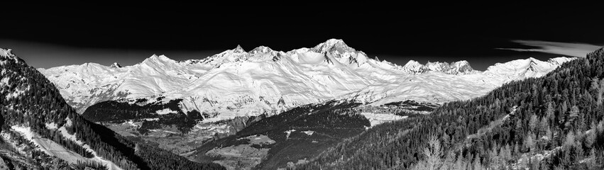Panorama of Mont Blanc in Savoie, France, the highest mountain in the Alps and in Europe west...
