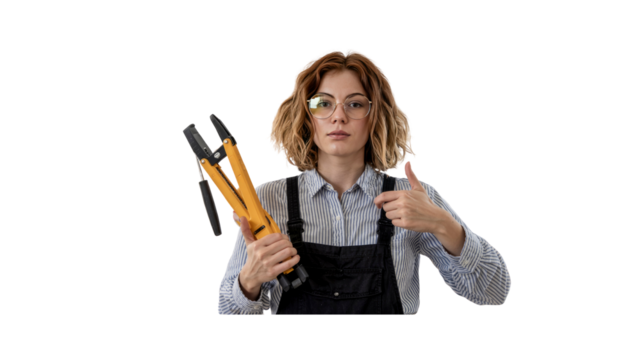 Confident Female Technician Giving Thumbs Up While Holding Cable Crimping Tool - Powered by Adobe