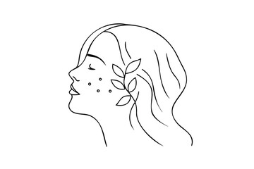 Handdrawn continuous line drawing woman face with leaves dots profile