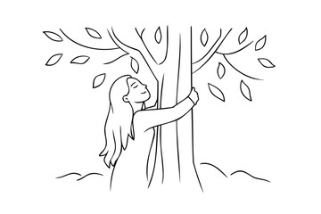 Handdrawn line art a woman embracing a tree with closed eyes a smile embrace nature
