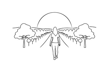 Woman walking down path between trees towards sun Handdrawn continuous line drawing © CreativeWorld