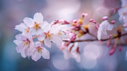 Cherry blossom flowers display their delicate petals in a tranquil garden during spring, surrounded by soft, blurred background colors that enhance their beauty.