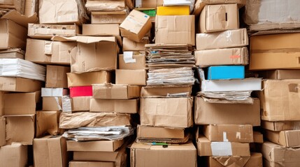 A large wall of cardboard boxes fills a warehouse space. Boxes of different sizes and colors are stacked haphazardly, some showing wear and tear.