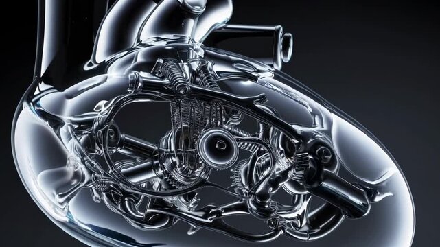 Transparent heart-shaped engine showcasing mechanical components  