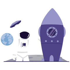 Space Activity Illustration. Vector illustration of An astronaut on a planetary surface waves beside a rocket and observes a flying UFO. Isolated on background