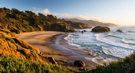 A view of a beach with waves crashing on the sand.