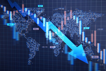 Global financial market crash with downward arrow and digital world map background representing economic crisis and investment losses worldwide. 3D Rendering
