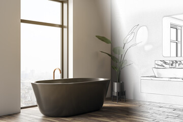 Modern luxury bathroom interior with bathtub and design sketch concept blending real and illustrated elements in relaxing upscale style. 3D Rendering © Who is Danny