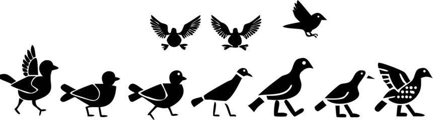 Fototapeta premium Silhouette illustration showing a collection of birds in different poses and wing positions on a white background | editable eps vectors
