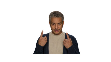 Confident Middle-Aged Man Pointing Upwards, Studio Portrait