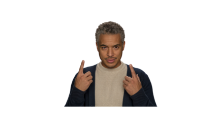 Confident Middle-Aged Man Pointing Upwards, Studio Portrait