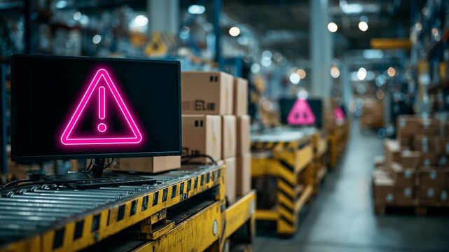Warehouse Neon Warning Sign Highlights Disrupted Supply Chain and Logistics Challenges, Urging Alertness to Operational Issues and Risks