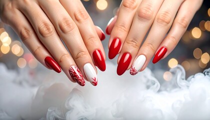 red painted with pattern woman nails, blurred and smoky background