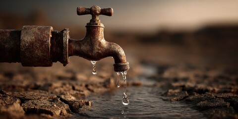 Premium High-Quality Water Conservation Faucet with Dripping Drops and Drought Effect for Modern Environmental Marketing Campaigns and Social Media Awareness
