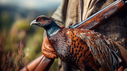 Fototapeta premium Flying red grouse in mid-air during Glorious Twelfth hunting season in the Scottish Highlands with wings fully spread
