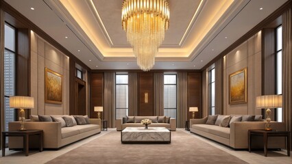 Luxurious hotel lobby with ornate chandelier and elegant seating