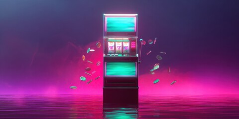 Premium High-Quality Modern Slot Machine with Coin Explosion on Dark Surface for Exciting Jackpot Campaigns and Gambling Marketing Content