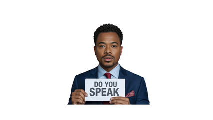 Confident Businessman Holding Sign Asking "Do You Speak?"